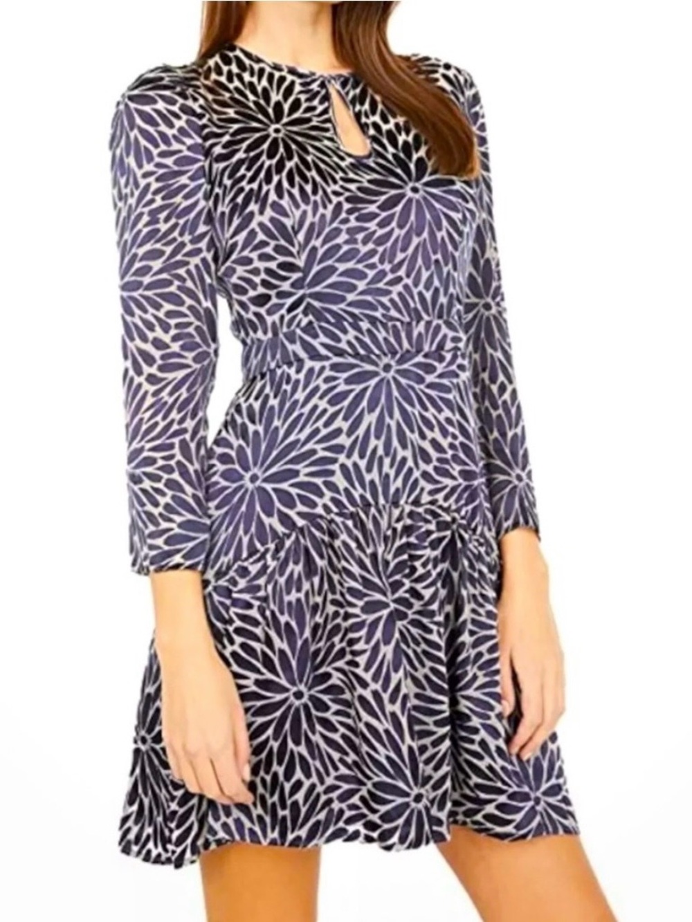 Rebecca Taylor Autumn Bloom Long Sleeve Silk Blend Mini Dress 4 Navy Floral